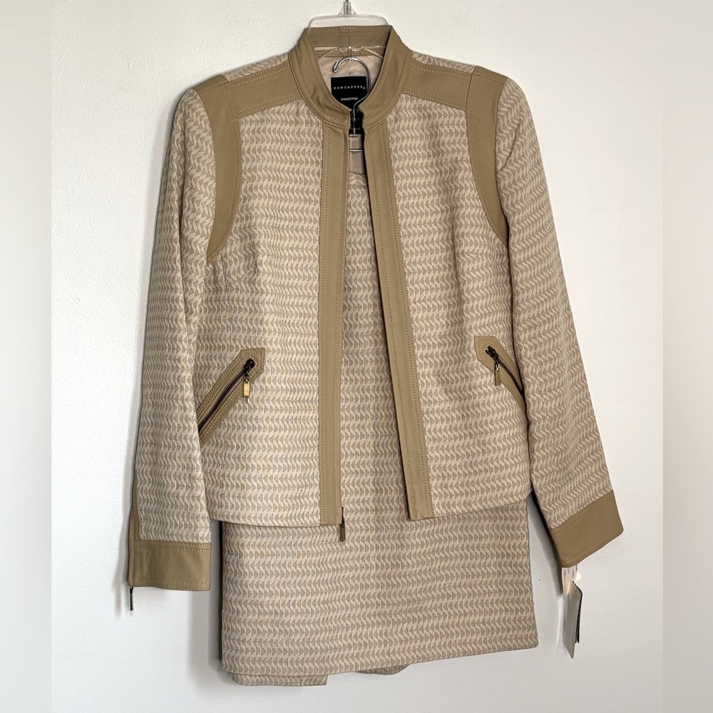 VTG/NWT Doncaster Skirt Suit Set, Size 10, Stunning Tan/Cream w/ Leather Trim